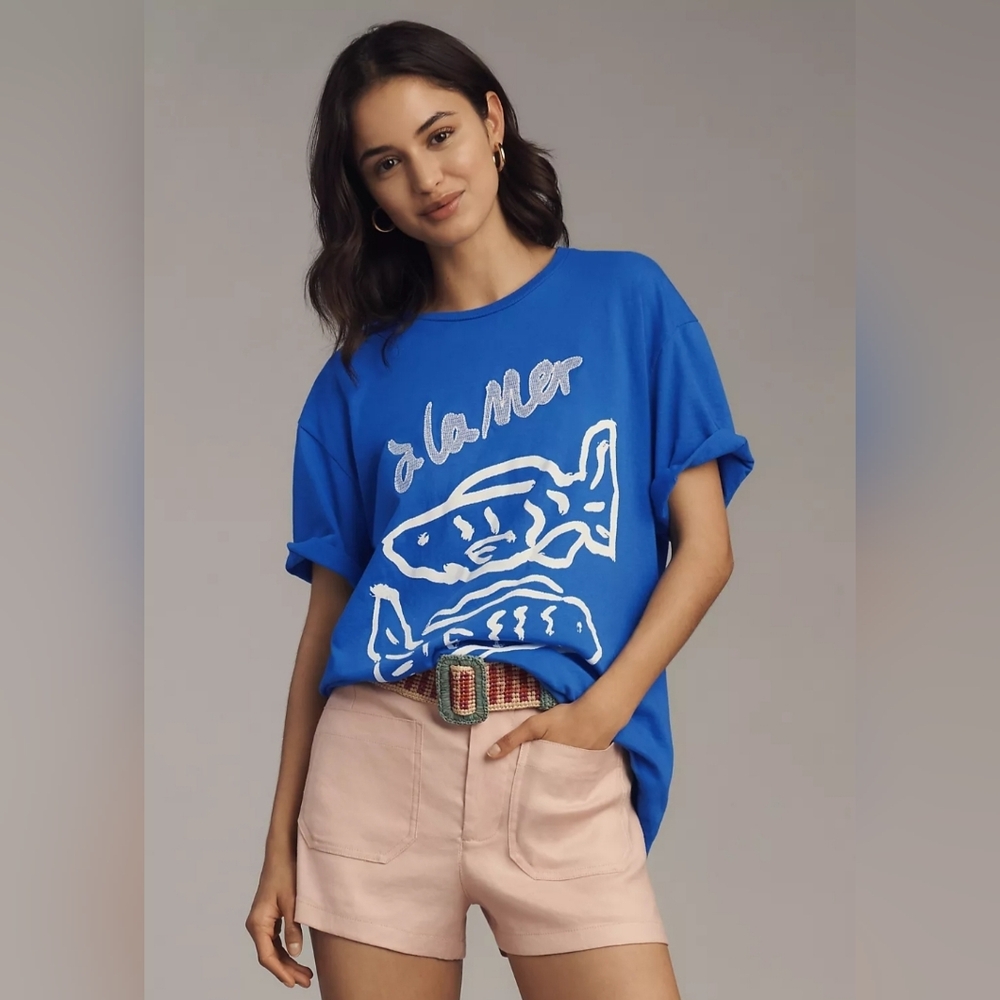 Anthropologie Blue Graphic 'La Mer' Tee Fish Print Tshirt Size Small